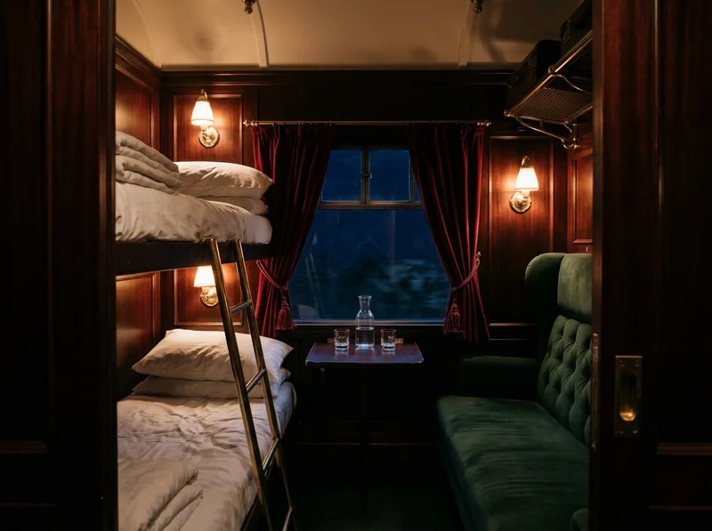 A two-berth sleeper cabin with bunks, a fold-down table and claret curtains.