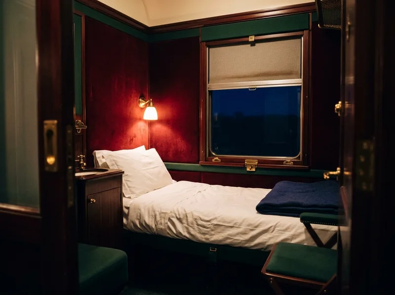 A single sleeper berth made up in white linen, a brass reading lamp lit beside it.