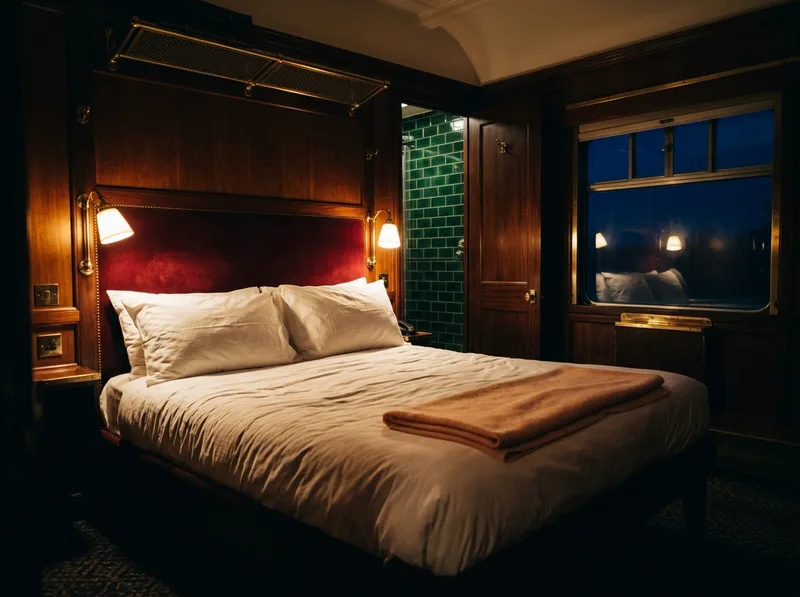 A turned-down double bed with a claret velvet headboard and two lit brass lamps.