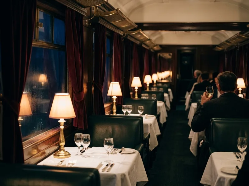 The dining car at the first seating: green banquettes, white cloths and small brass lamps down the aisle.