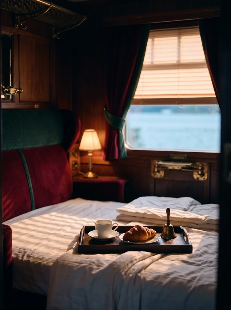 A breakfast tray with a brass bell on a bed, dawn light through a half-raised blind.