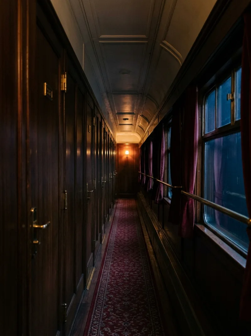 A dim sleeper corridor at midnight, closed cabin doors and a claret runner.