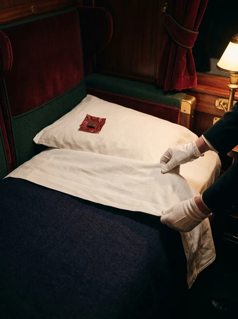 Gloved hands folding back a white sheet over an indigo blanket at turndown.