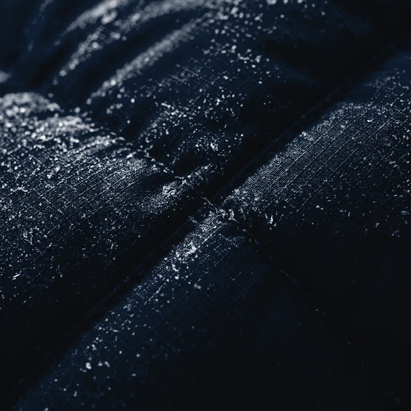 Macro of ripstop nylon over down baffles with frost on the surface