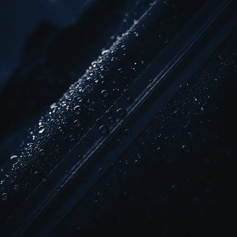 Macro of the black three-layer shell fabric with water beading on it