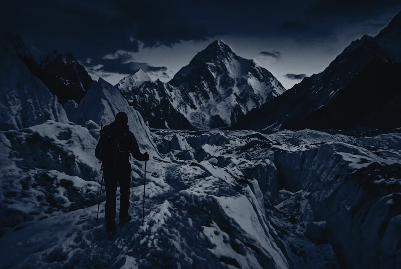 Crossing the Godwin-Austen Glacier at blue hour