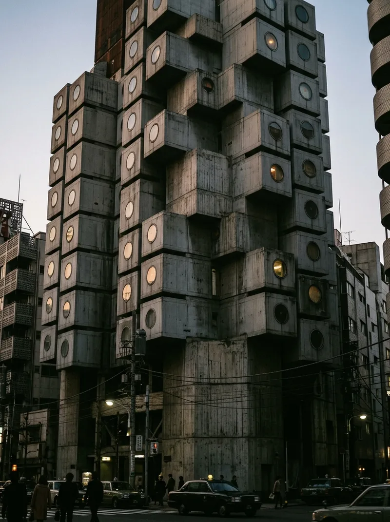 The 1972 Metabolist tower at dusk, capsules with round windows plugged into a concrete core
