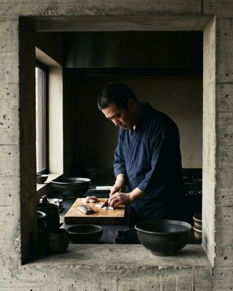 The chef seen through a rectangular opening in a thick concrete wall, slicing fish