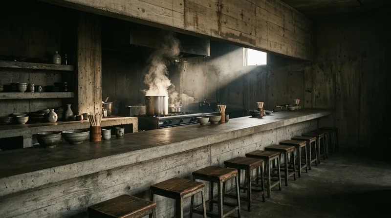 The twelve-seat concrete counter, steam rising in a shaft of light