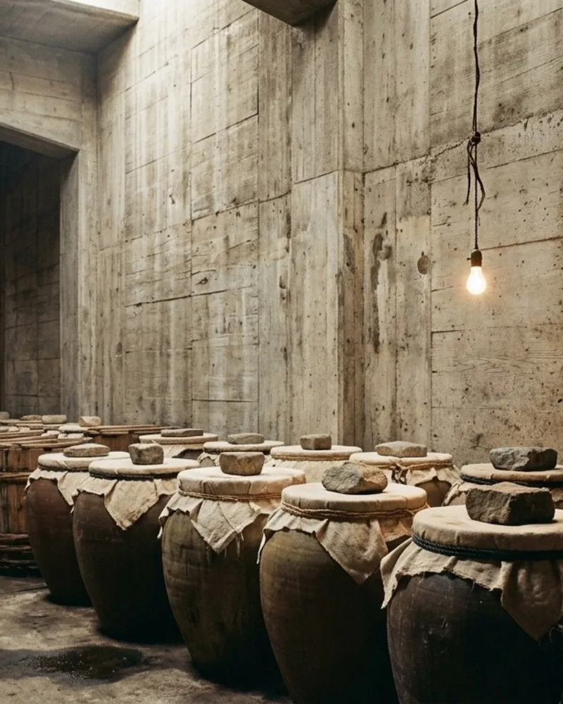 Fermentation crocks lined up along a raw concrete cellar wall