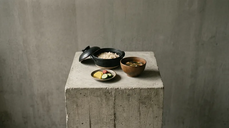 Shokuji: Donabe kōji rice, miso soup, tsukemono, Amazake ice, sake lees