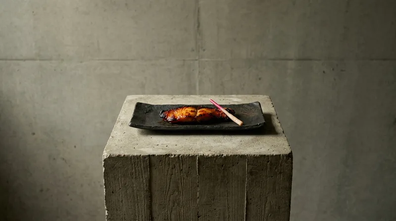 Yakimono: Saikyō-miso black cod, Binchōtan duck, kōji glaze