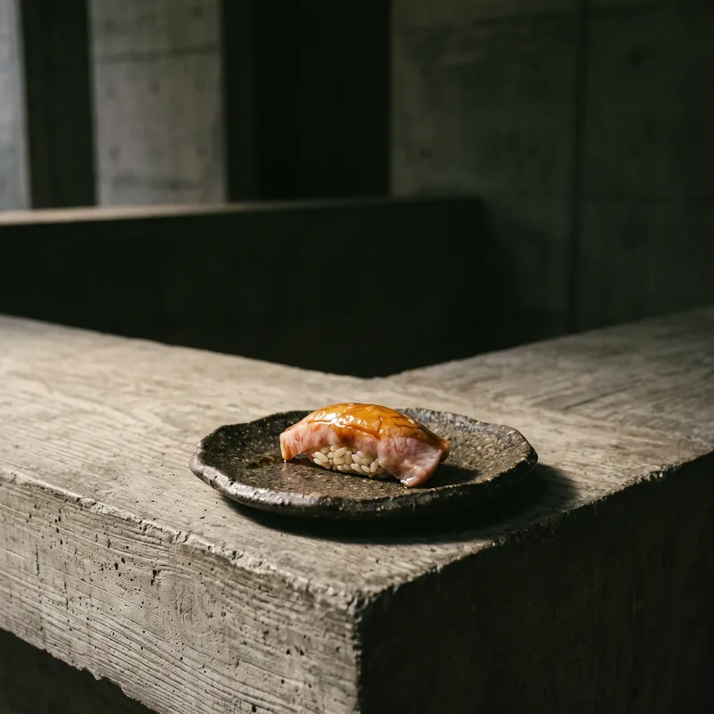 A single piece of miso-glazed nigiri on dark speckled stoneware