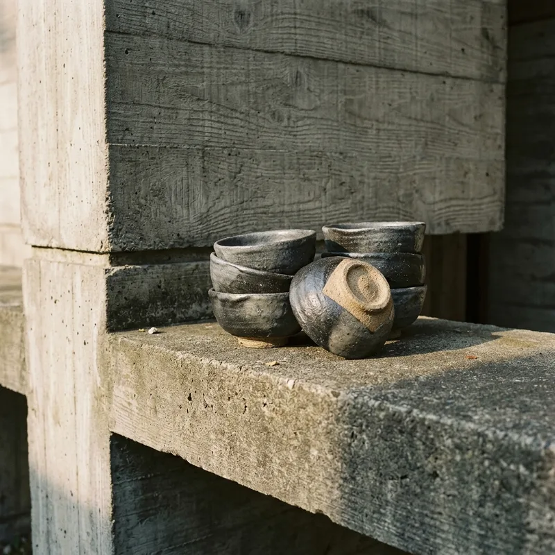 A stack of heavy ash-glazed stoneware bowls on a concrete ledge