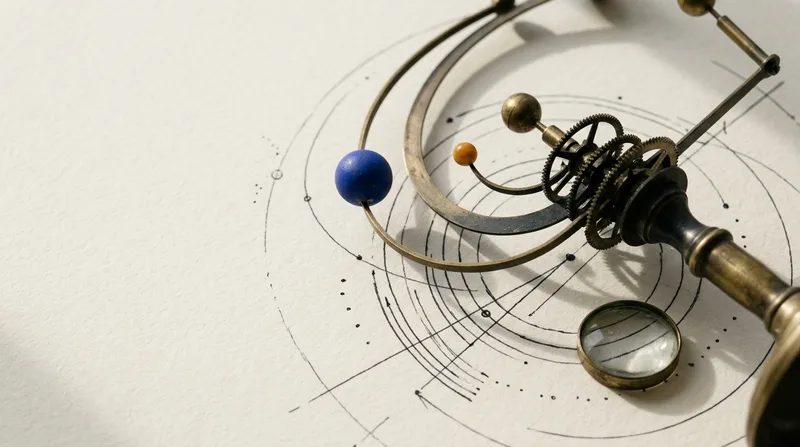 A brass orrery photographed from above, one planet painted ultramarine