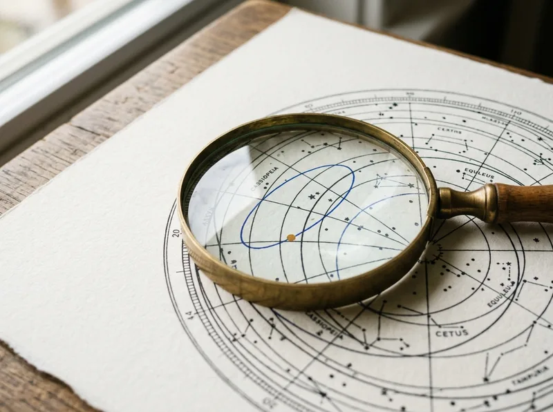 A brass magnifying lens over a printed star chart