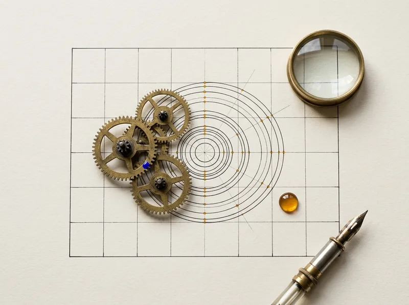 Brass clock gears on gridded drafting paper