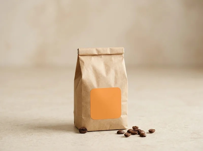 Three kraft coffee bags in a row on a crema-white counter in morning light