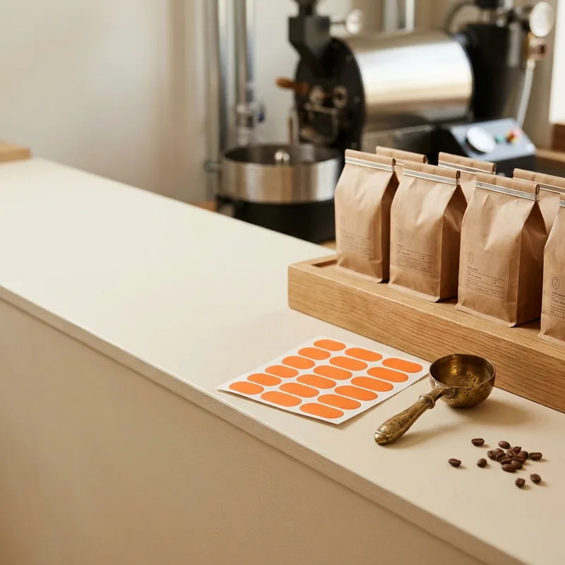 A 340 g kraft coffee bag with a blank tangerine label, standing on a pale oat counter beside scattered beans