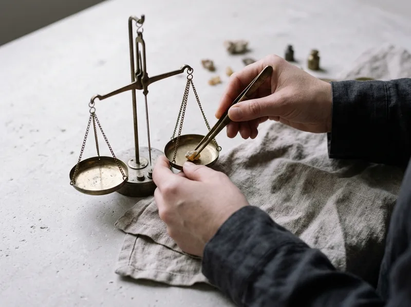 Artisan hands weighing raw resin tears on mechanical brass scale