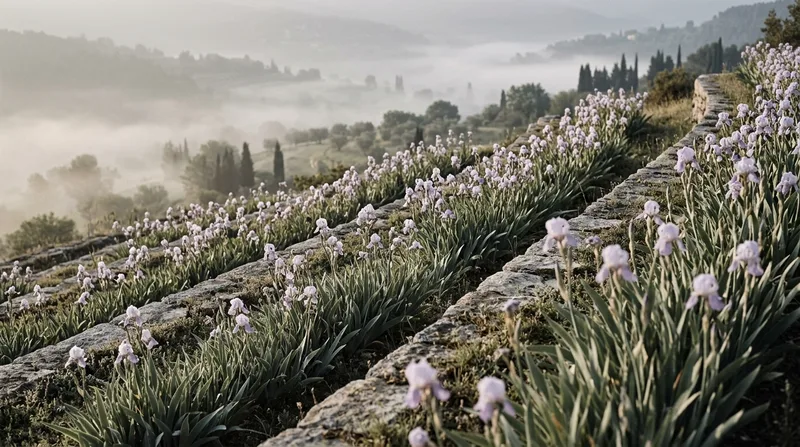Terraced iris fields in Grasse morning mist