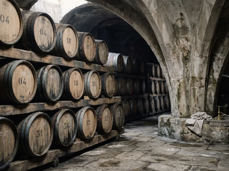Limousin oak barrels resting in dim stone aging cellar