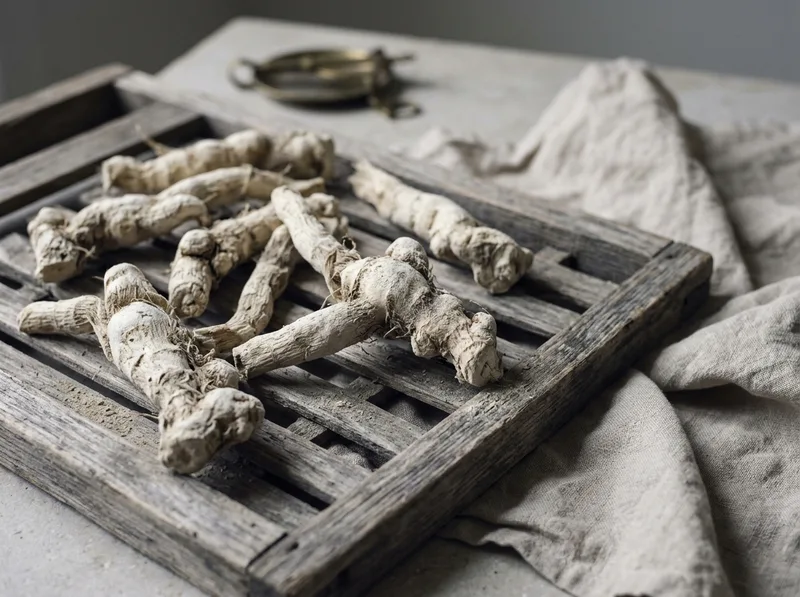 Florentine and Grasse orris roots curing on open wooden racks