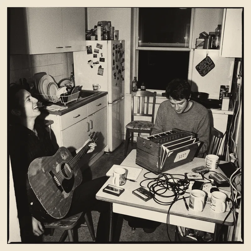Two musicians at a kitchen table with a harmonium and a battered acoustic guitar