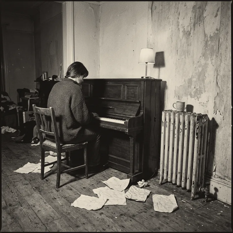 A woman at an upright piano beside a cast-iron radiator, lit by a single lamp