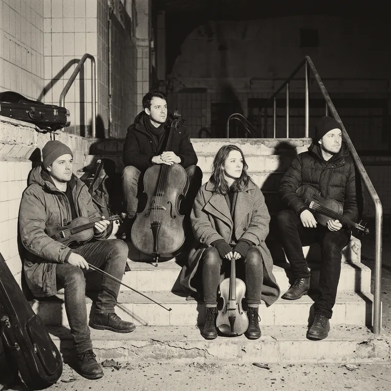 Four string players in coats, seated on concrete stairs in a closed swimming baths