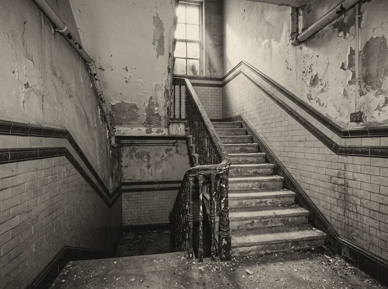 A concrete stairwell in a closed swimming baths, light falling from a high window