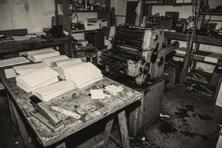 A small two-colour printing press and a table of folded, unstitched zines