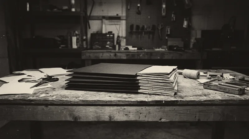 A stack of hand-stitched zines tucked inside black record sleeves